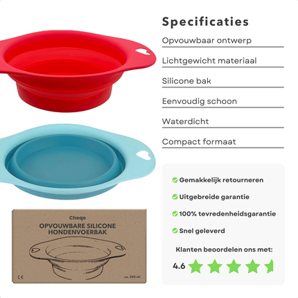 Cheqo® Opvouwbare Voerbak - Voerbak Onderweg - Drinkbak Opvouwbaar - Draagbare Voerbak - Siliconen Hondenvoerbak - Compact en Draagbaar - Ideaal voor Reizen