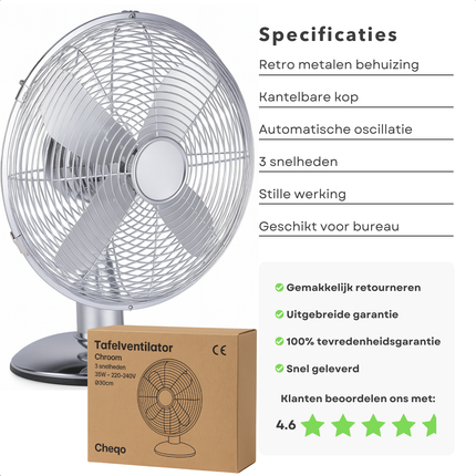Cheqo® Tafelventilator 30 cm – Retro Design – Chroom – 3 Snelheden – Kantelbaar – Zwenkfunctie – Metalen Bladen – Bureau Ventilator – Stil – Compact – Verstelbare Kop – Energiezuinig – Ventilator met Handvat – 35 Watt