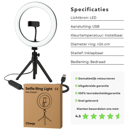 Cheqo® Selfie Ringlamp - Ring Light Met Statief - Ring Lamp LED - TikTok Content Creatie Tripod - USB Voeding - Telefoonhouder