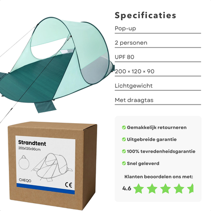 Cheqo® Strandtent - Pop Up Strandtent - Strandtent Pop Up - Pop Up Tent Strand - Strandtentje - Strand Shelter - Beach Shelter - Beach Tent - Strandtent Uv Bescherming - Strandtent Zonbescherming - Strandtent Windscherm