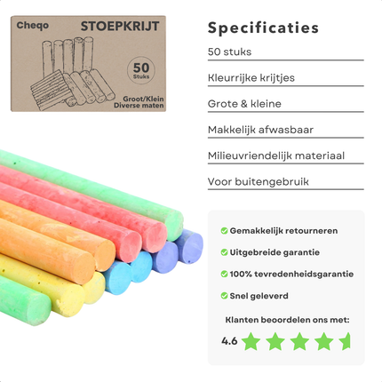 Cheqo® Stoepkrijt Set - Kleurrijk Krijt voor Kinderen - 50 Stuks - Grote en Kleine Krijtjes