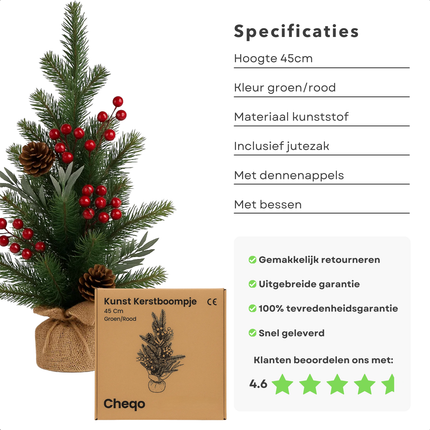 Cheqo® Kunst Kerstboompje - Decoratie Kerstboom - 45 cm Hoog - Rode Bessen - Jute Zak - Groen/Rood - Mini Kerstboom - Kerstboom Met Bessen - Decoratieve Boom - Kerstboom Voor Binnen - Kerstboom Zonder Verlichting - Compacte Kerstboom
