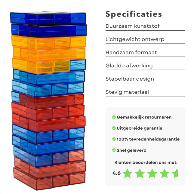 Cheqo® Transparante Jenga Spel - Vallende Toren - Jenga Stapeltoren - Educatief Bouwspel - Kunststof