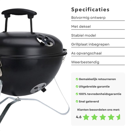 Cheqo® Bolvormige Barbecue - Tafel BBQ - Barbecue Tafelmodel - Zwart Metaal - Met Deksel en As Schaal