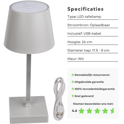 Cheqo® Moderne Draadloze Tafellamp - Tafellamp Oplaadbaar met USB - Nachtlamp - Verstelbare LED Touchlamp - Wit - 26 cm Hoog - Oplaadbare Buitenlamp