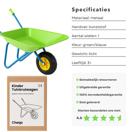 Cheqo® Metalen Kinderkruiwagen - Kruiwagen voor Kinderen - Speelgoed Kinderen Tuin - Tuinieren Voor Kinderen - Tuinkruiwagen - Kindertuingereedschap