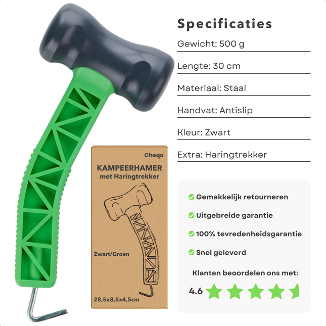 Cheqo® Kampeerhamer met Haringtrekker -  Rubber hamer - Tenthamer - Campinghamer - Lichtgewicht - Outdoor Hamer met Haak - Kunststof