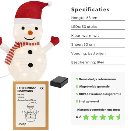 Cheqo® LED Sneeuwpop - Warm Witte LED - Opvouwbaar - Timer Functie op Batterijen - IP44 - Geschikt Voor Buiten - Kerstdecoratie Buiten - Tuinfiguur Kerstdecoratie - Sneeuwpop Buiten - Kerstfiguur - Kerstlampjes