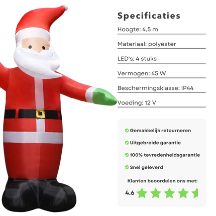 Cheqo® Opblaasbare Kerstman - Kerstman Opblaasbaar - Kerstversiering - 4,5 m - Weerbestendige Kerstdecoratie met LED - Polyester