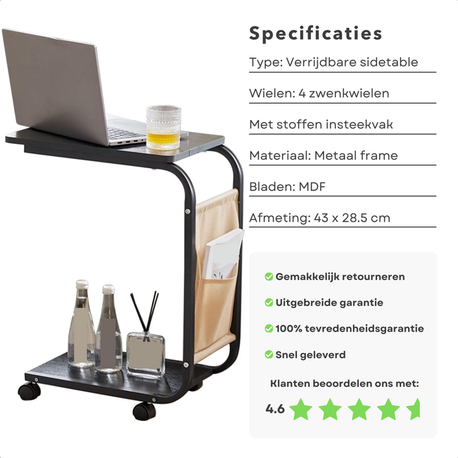 Verrijdbare bijzettafel met metalen frame, MDF blad, en wielen met stoffen opbergvak, geschikt voor laptopgebruik en woonkamerinterieur.