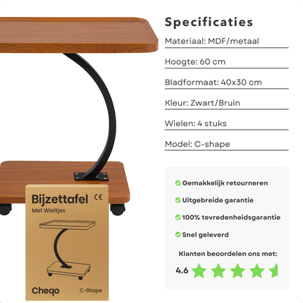 Cheqo® Bijzettafel Op Wieltjes - Moderne Bijzettafel C Vorm - Zwart Frame - Vintage Bruin Blad - MDF En Metaal - Zwenkwielen - Zonder Wieltjes - Opstaande Rand - Bijzettafel Woonkamer - Bijzettafel Industrieel - Bijzettafel Bank