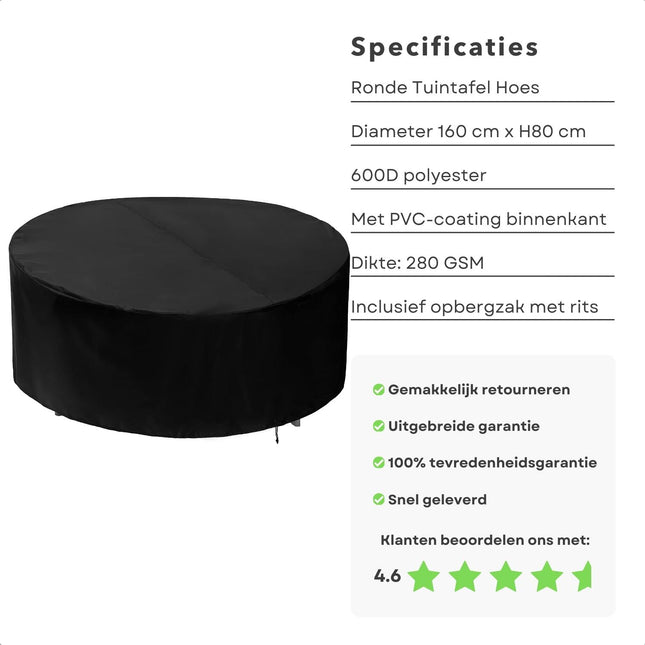 Cheqo® Waterdichte Afdekhoes voor Tuintafel - Zware Kwaliteit - Tafel Beschermhoes - Diameter 160 cm - Incl. Opbergzak - UV Bescherming - PVC Coating - 600D Polyester - Hoge Kwaliteit - Tuinhoes - Tuinsethoes - Tuinmeubelhoes tuinmeubelhoezen