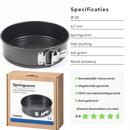 Cheqo® Springvorm - Springvorm Bakvorm - Springvorm Taartvorm - Ronde Springvorm - Ronde Taartvorm - Taartvorm - Bakvorm Rond - Bakblik Rond - Cakevorm - Quichevorm - Springvorm Anti Aanbak - Zwarte Springvorm