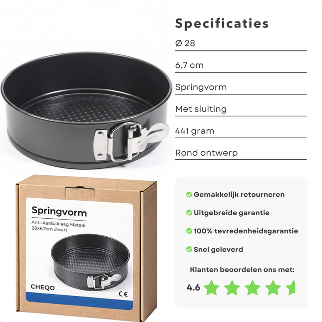 Cheqo® Springvorm - Springvorm Bakvorm - Springvorm Taartvorm - Ronde Springvorm - Ronde Taartvorm - Taartvorm - Bakvorm Rond - Bakblik Rond - Cakevorm - Quichevorm - Springvorm Anti Aanbak - Zwarte Springvorm