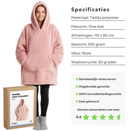 Cheqo® Hoodie Voor Vrouwen - Roze Hoodie - Oversized Hoodie - Teddy Polyester - One Size - Hoodie Deken - Roze Kleur - Comfortabele Hoodie - Casual Dameskleding - Warme Hoodie - Dames Hoodie - Trendy Damesmode - Oodie - Plaid