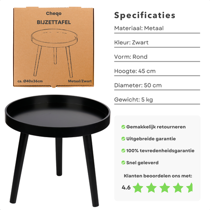 Cheqo® Ronde Bijzettafel Zwart - Nachtkastje - Rond Tafeltje - Bijzet Tafel - Salontafel - Modern Design - Hout - Stijlvol en Functioneel