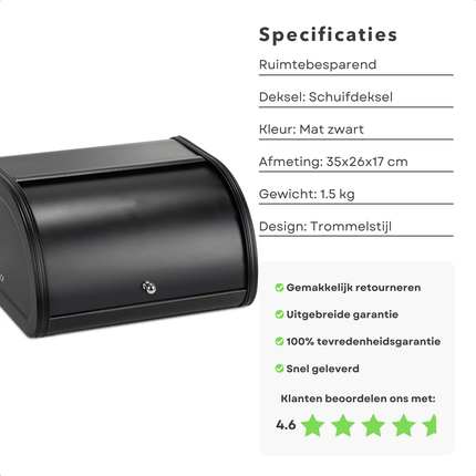 Space-saving Cheqo® broodtrommel with sliding lid in matte black finish, dimensions 35x26x17 cm, 4.6-star rating.