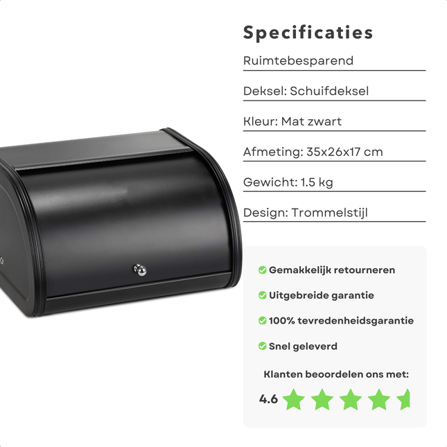 Space-saving Cheqo® broodtrommel with sliding lid in matte black finish, dimensions 35x26x17 cm, 4.6-star rating.