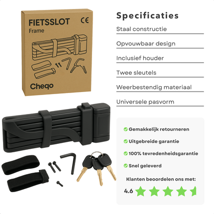 Cheqo® Opvouwbaar Fietsslot - Vouwslot - Sterk en Veilig - Fiets Slot - Scooter Slot - Fatbike Slot - Compact Design - Duurzaam Materiaal
