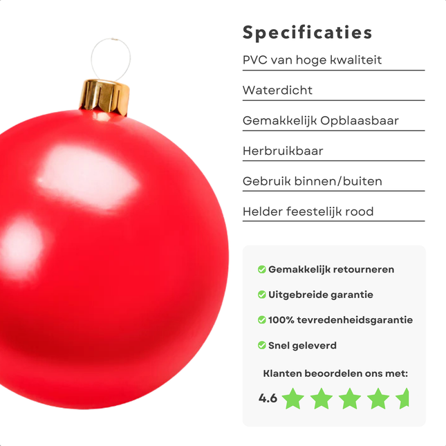 Cheqo® Opblaasbare XL Kerstbal 45 cm - Grote Kerstbal - Kerstversiering voor Tuin - Rood