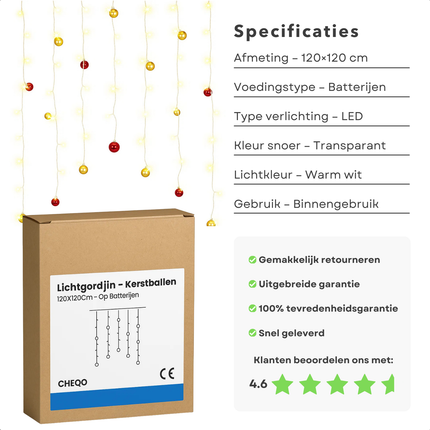 Cheqo® Lichtgordijn Kerstballen - Kerstverlichting Op Batterijen - Warm Wit Licht - 74 LED Lampjes - Automatische Timer - IP-44 - Buiten Geschikt - Kerstdecoratie Binnen - Kerstdecoratie Buiten - Sfeer Verlichting - Lichtnet - Licht Gordijn