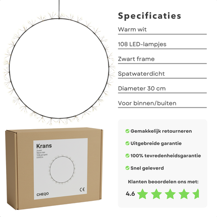 Cheqo® Verlichte Kerstkrans - LED Krans - Warm Witte LED - Metalen Frame - Spatwaterdicht - Buitenverlichting - Kerstverlichting - Zwarte Krans - 108 LED Lampjes - Diameter 30 CM - Sfeervolle Verlichting - Kerstdecoratie