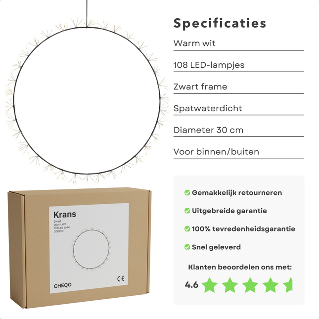 Cheqo® Verlichte Kerstkrans - LED Krans - Warm Witte LED - Metalen Frame - Spatwaterdicht - Buitenverlichting - Kerstverlichting - Zwarte Krans - 108 LED Lampjes - Diameter 30 CM - Sfeervolle Verlichting - Kerstdecoratie