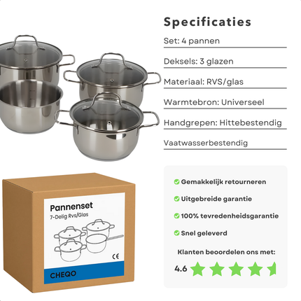 Cheqo® 7-Delige Pannenset – Roestvrij Staal – Glazen Deksel – Complete Kookgerei Set – Pannen Set - Kookpan Set – Hittebestendig Glas – Kookpannen – Veelzijdige Pannenset