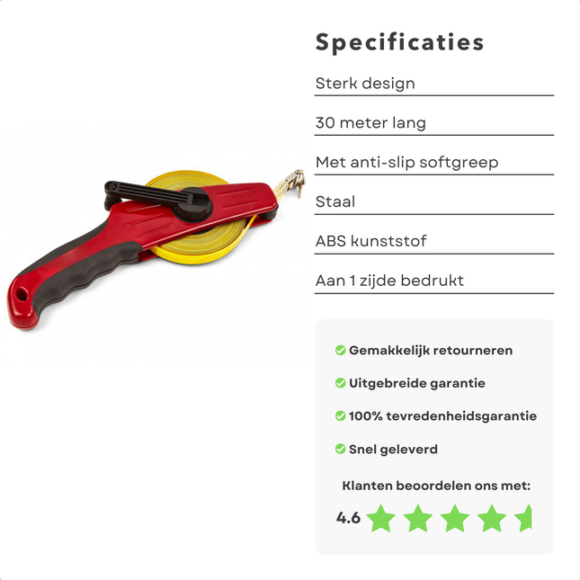 Cheqo® Stalen Meetlint - 30m - 13mm Breedte - Anti-Slip Softgreep - Staal - 1-Zijdig Bedrukt - Meetlint in cm/mm - Landmeter - Rolbandmaat - Gemakkelijk Oprollen - Meetgereedschap Meetlinten