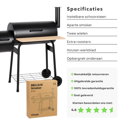 Cheqo® Rookoven met Barbecue - Rook Oven - BBQ Smoker Barbecue 2-in-1 - Verrijdbare BBQ - Houtskool & Rookoven - Met Wielen