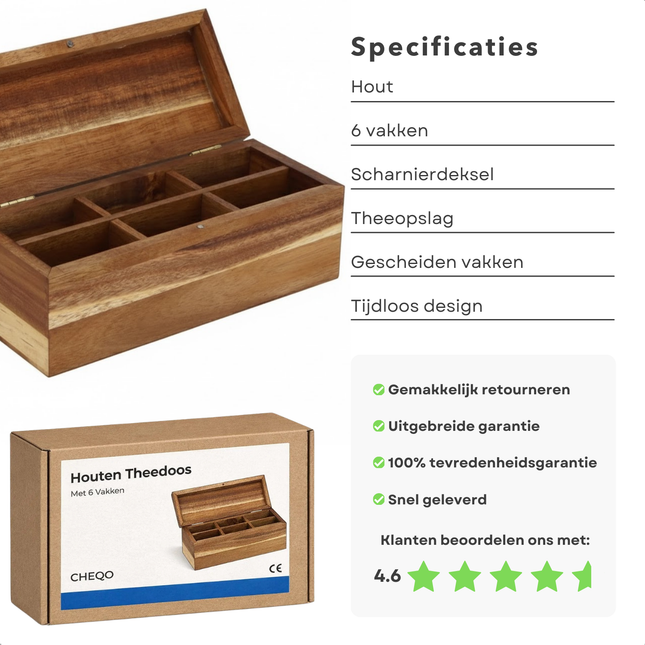 Cheqo® Theedoos - Thee Opbergdoos - Thee Bewaardoos - Theekist - Theekistje - Theezakjes Doos - Theezakjes Opbergdoos - Theezakjes Houder - Theebox - Tea Box - Theedoos 6 Vakken - Houten Theedoos
