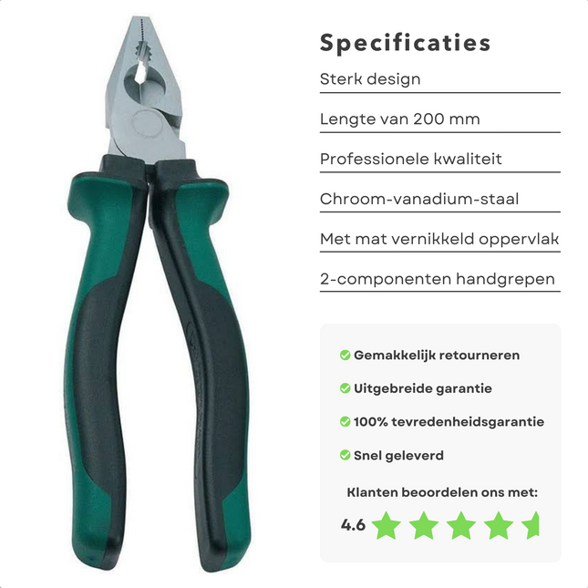 Cheqo® Professionele Combinatietang 200mm - Chroom vanadium staal - Snijvlakken HRC 60-64 - 2-Componenten handgrepen - Afglijdbeveiliging - Voor de Professional & Hobbyist - Combinatie tangen
