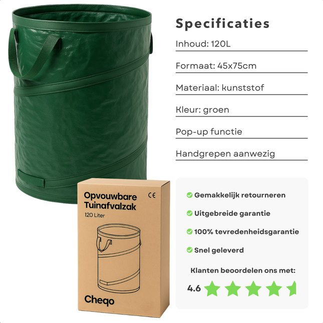 Cheqo® Opvouwbare XXL Tuinafvalzak -  Opvouwbare afvalzak - Afvalzakken - Prullenbak - Tuinzak - Wasmand - Tuinafval Zak - Bladzakken - Grote Zak met Hengsels - Duurzaam en Handig
