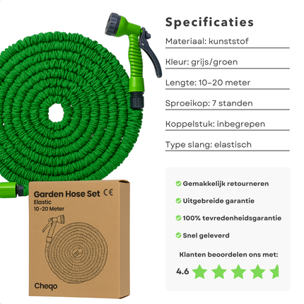 Cheqo® Flexibele Tuinslang Set 10-20M – Elastische Uitrekbare Slang – Lichtgewicht Kunststof – Sproeikop met 7 Standen – Koppelstuk Meegeleverd – Tuinbewatering – Ruimtebesparend Ontwerp – Tuin Onderhoud