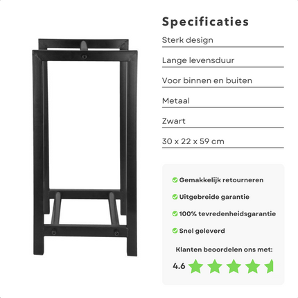 Cheqo® Houtopslag Rek - Brandhoutrek - Hout Opslag - Houtrek - Houtmand - Zwart - Perfect voor bij de Haard - 30x22x59cm Houtopslag