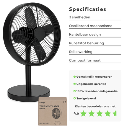 Cheqo® Tafelventilator Zwart - Ventilator 30cm - Tafel Ventilator Zwart - Oscillerende Functie - 3 Snelheden