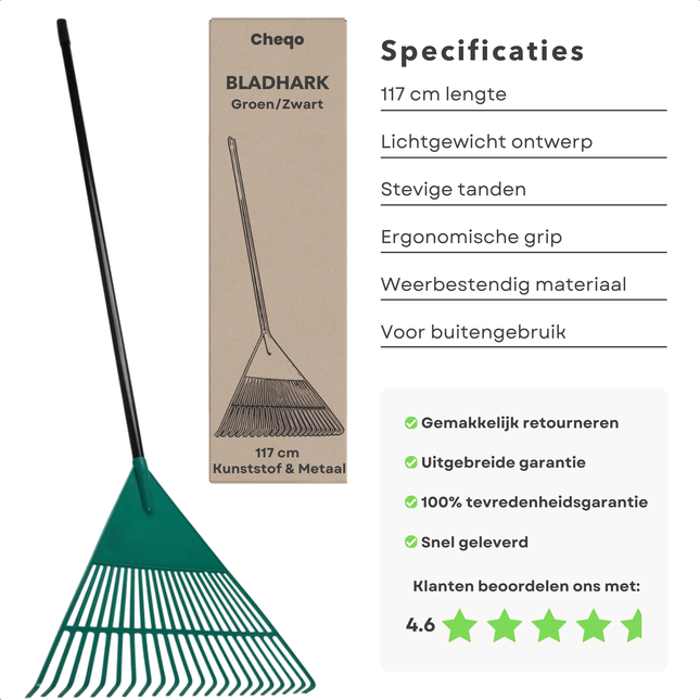 Cheqo® Bladhark Kunststof - Hark - Tuinhark - Harken - Lange Steel - Tuinonderhoud Groen/Zwart