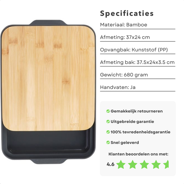 Cheqo® Snijplank Met Opvangbak en Handvaten - 37x24cm - Bamboe Snijplank met Uitschuifbare Lade - Sapgroef en Lekbak - Duurzaam en Stijlvol Design