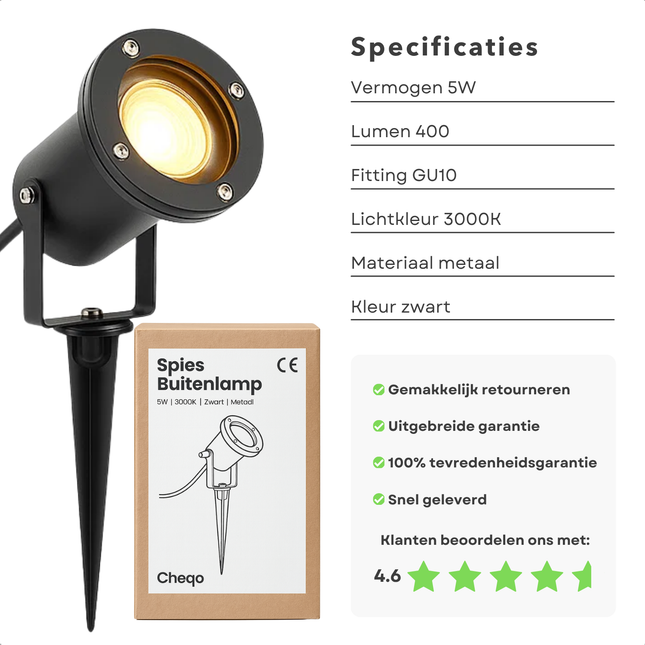 Cheqo® LED Prikspot - Spikespot - Warm Wit - Zwart Metaal - Buitenverlichting - Tuinspot - Energiezuinig - Padverlichting - Tuinverlichting - Tuinlamp - Priklamp - Tuin Spot - Tuinverlichting