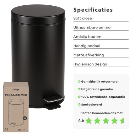 Cheqo® Pedaalemmer Keuken - Afvalemmer - Prullenbak - 12L Zwart - Ronde Afvalemmer Keuken - Stijlvol Design