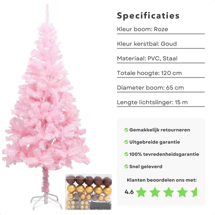 Cheqo® Roze Kerstboom - Kunstkerstboom 120 cm - Met LED Verlichting en Gouden Kerstballen - PVC