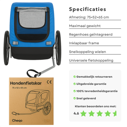 Cheqo® Hondenfietskar Opvouwbaar – Fietskar voor Honden tot 40 Kilo – Inklapbare Fietskar met Regenhoes & Gaasvensters – Stalen Frame – Snelkoppeling – Reflectoren – Comfortabele Hondenkar voor Bos & Strand