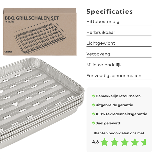 Cheqo® BBQ Grillschalen Aluminium - Barbecue Grillschaal - Set van 5 - Vetopvang BBQ - Wegwerp BBQ Schaal