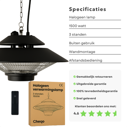 Cheqo® Terrasverwarmer - Terrasverwarming - Heater - Infrarood Verwarming - Plafondmontage - Halogeen Heater - Waterdicht met Afstandsbediening - Aluminium