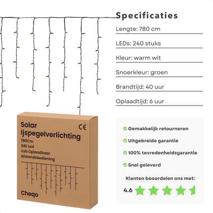 Cheqo® Solar Ijspegelverlichting - Ijspegel Verlichting - Kerstverlichting Buiten - 780 cm Lichtgordijn - 240 LED - USB - Afstandsbediening - Warm Wit licht - Timer - 13 Functies met Geheugen