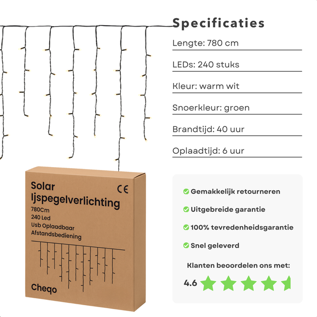 Cheqo® Solar Ijspegelverlichting - Ijspegel Verlichting - Kerstverlichting Buiten - 780 cm Lichtgordijn - 240 LED - USB - Afstandsbediening - Warm Wit licht - Timer - 13 Functies met Geheugen