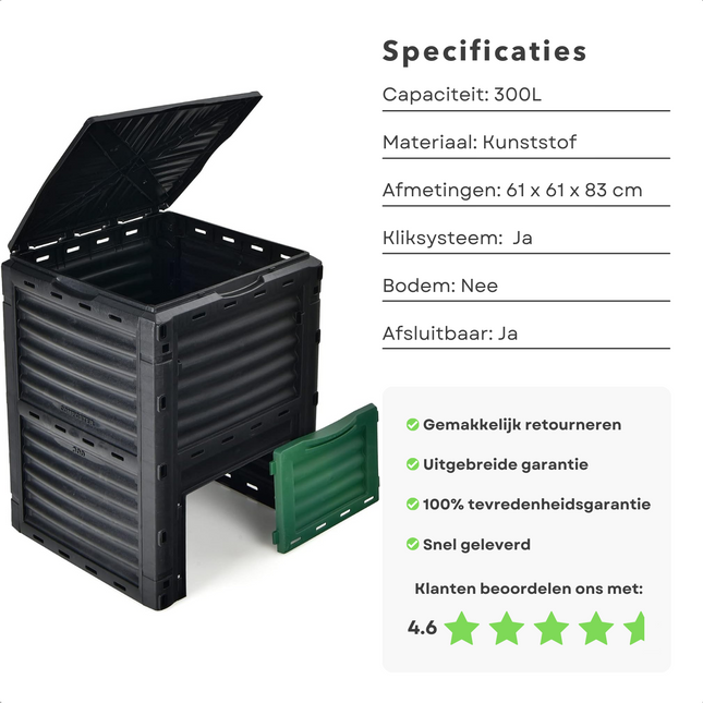 Cheqo® Compostvat 300 liter - Vierkant - Kunststof - 61 x 61 x 83cm - Kliksysteem - Zonder Bodemplaat - Compostbak - Composteerbak - Composter - Tuin Afvalbak - Duurzaam - Weersbestendig - Compostton - Kompostvat - Afval Recyclen compostbenodigdheden