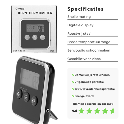 Cheqo® Digitale Kernthermometer - Voedselthermometer - Keukenthermometer - Nauwkeurige Vleesthermometer RVS - Voor BBQ en Oven