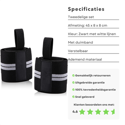 Cheqo® Polsbeschermers voor Krachttraining - Set van 2 CrossFit Polsband Polsbandage - Polsbrace - Verstelbare Wrist Wraps - Zwart met Grijs