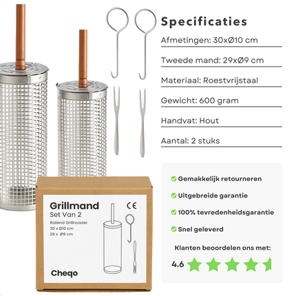 Cheqo® BBQ Grillmand Set - Rollend Grillrooster - Roestvrij Staal - Barbecue Accessoires - Houten Handvat - Vlees, Vis en Groenten - Gelijkmatige Verhitting - 30 CM Grillmand - Set van 2 - BBQ Gereedschap - Cilinder Grillmand - Buiten Koken
